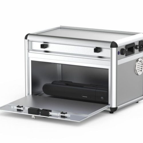 Raclan Box - Caja para almacenamiento con sistema de descarga integrado para baterías de iones de litio.