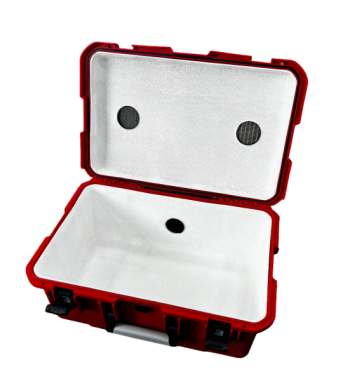 Caja de protección contra incendios Genius BSK-1 para baterías de iones de litio, incluyendo almohadilla de llenado PyroBubbles® y prensaestopas.