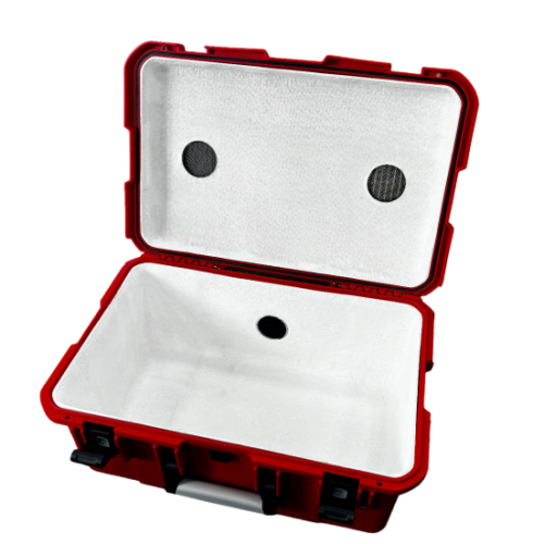 Caja de protección contra incendios Genius BSK-1 para baterías de iones de litio, incluyendo almohadilla de llenado PyroBubbles® y prensaestopas.